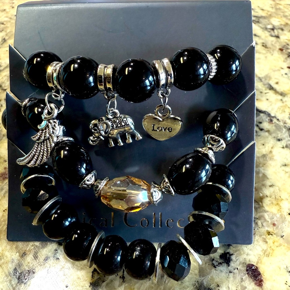 Black and Silver Charm Bracelet with Elegant Beads